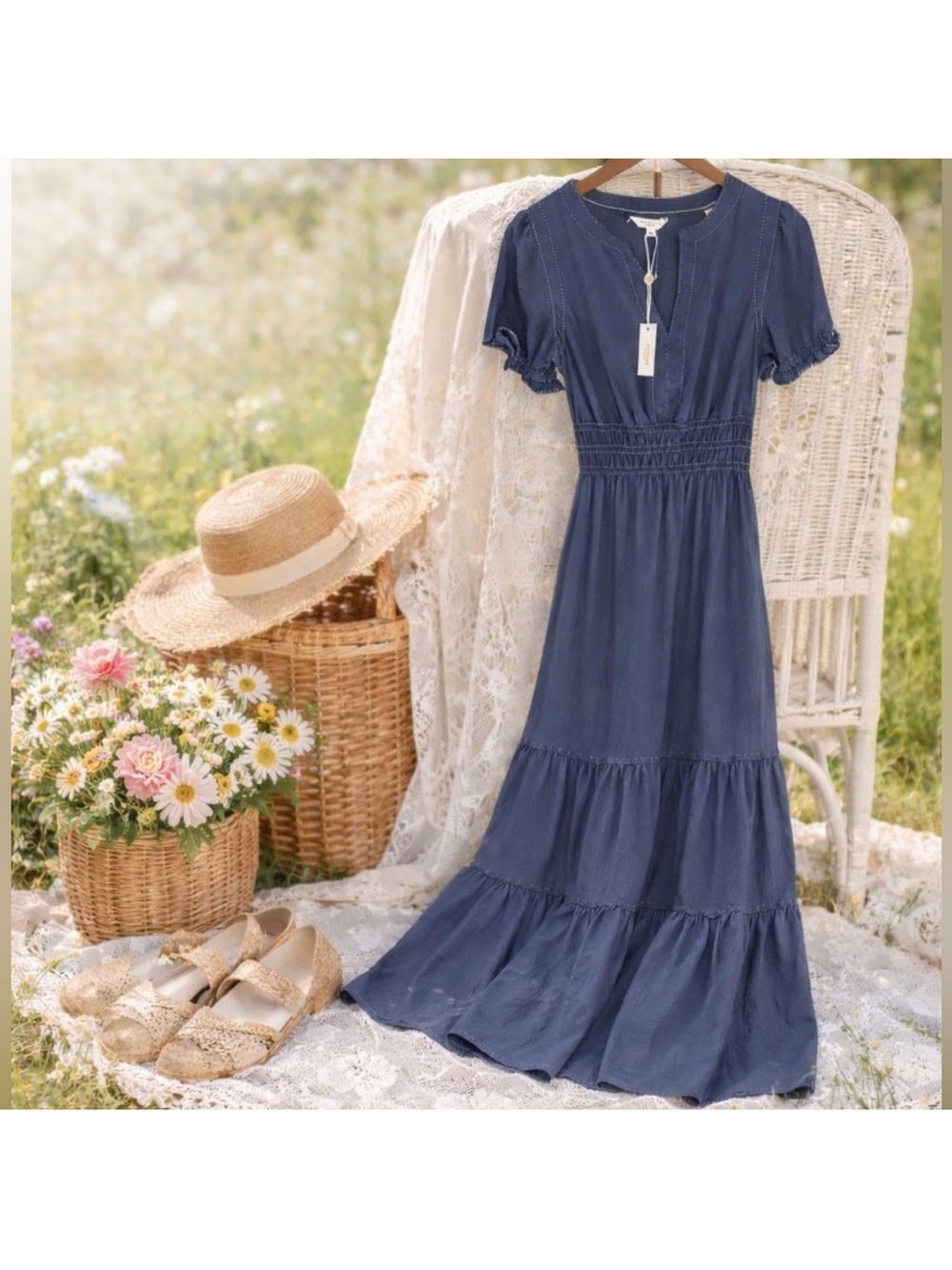 NWT Max Studio XS Blue Cottage
Core Maxi Dress w Pockets
Smocked Waist Tiered